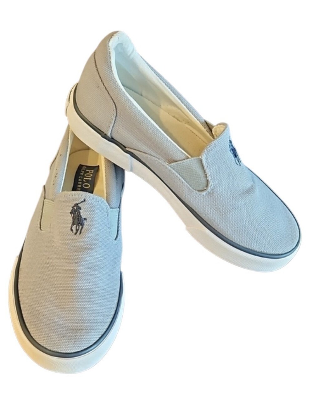 Polo Ralph Lauren Gray Canvas Slip-On Loafers with Navy Pony Logo, Kids Size 12
